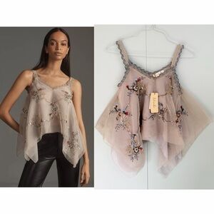 LET ME BE x ANTHROPOLOGIE Embellished Hanky Hem Top in Grey Pattern